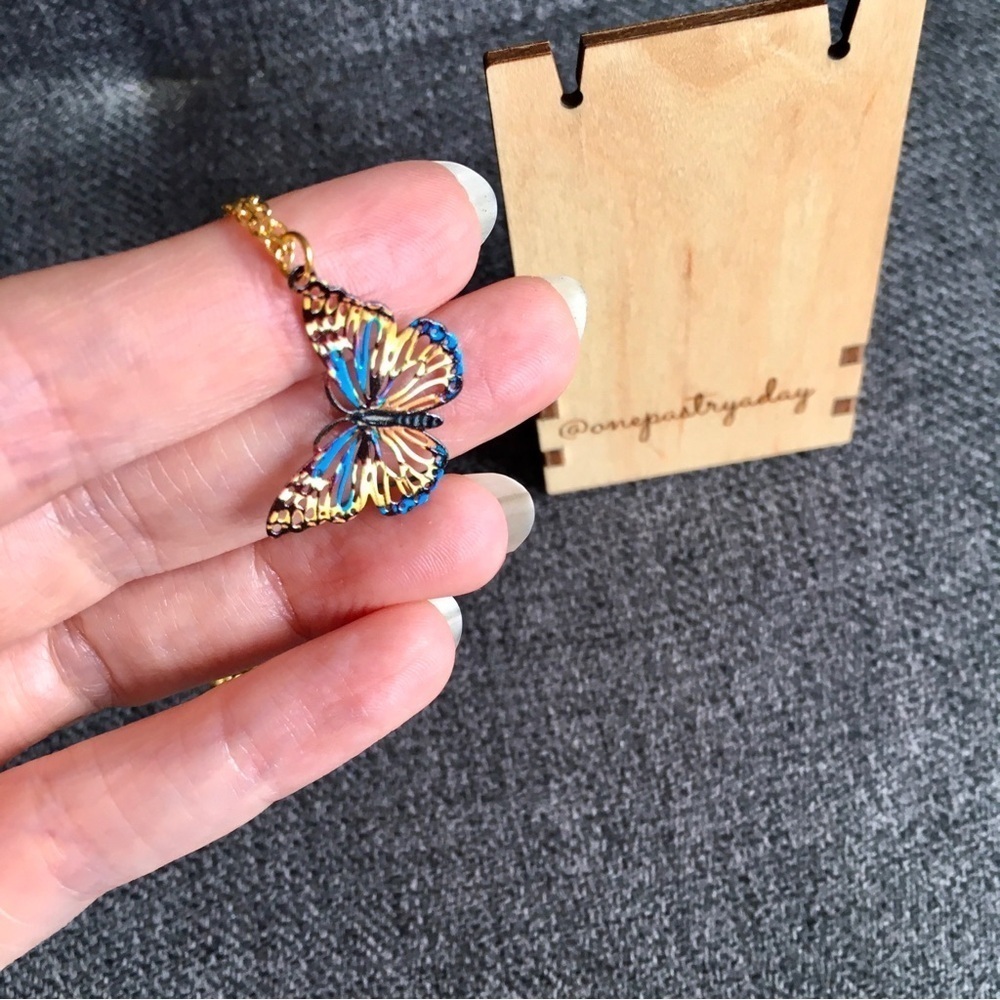 Colorful Filigree Butterfly Pendant Fashion Necklace, Blue, Yellow, 18 inches - Picture 8 of 17